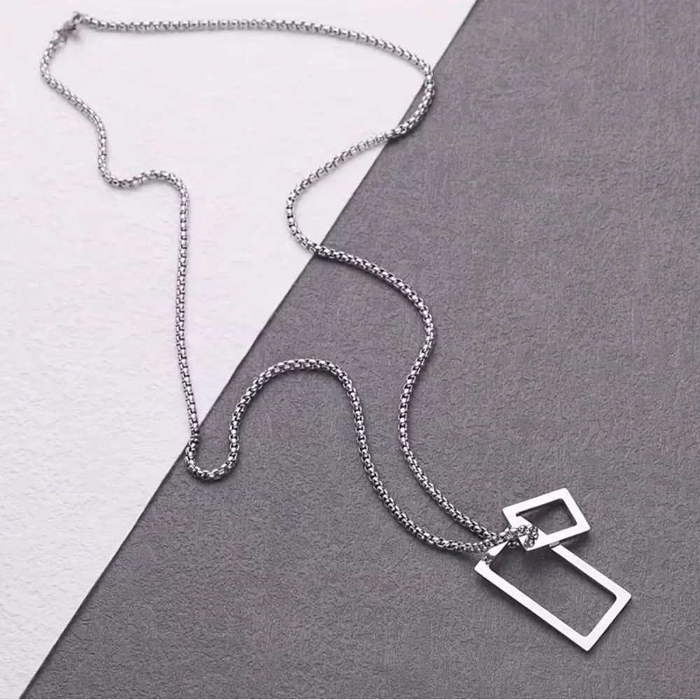 NWT Men’s Stainless Steel Interlocking Double Rectangle Pendant Necklace Box